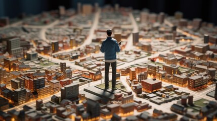 Geofencing technology. Miniature city model with person standing in the middle holding device in hands. The use of geofencing in urban areas for marketing, security, and logistics