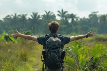 A Solo traveler backpacker opening his arms arriving at the large field, embracing the nature, enjoying the travel, travelers life