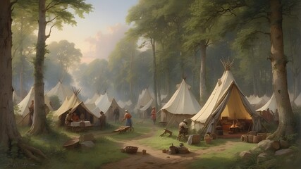 encampment in the woodland - obrazy, fototapety, plakaty