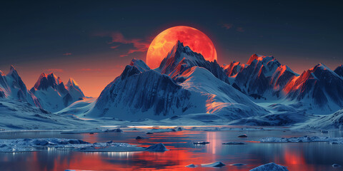 A surreal scene featuring a gigantic red moon rising behind snow-covered mountains with a reflective icy lake in the foreground. - obrazy, fototapety, plakaty