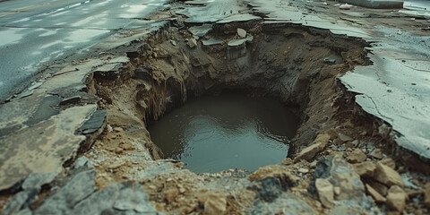 Dramatic sinkhole with water filling its depths, showing extensive damage to the asphalt of an urban road.