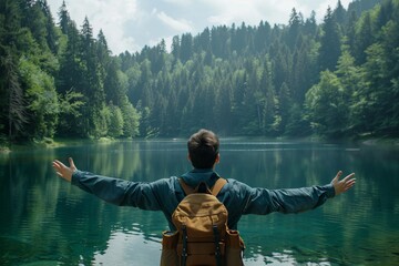 A Solo traveler backpacker opening his arms arriving at the lake in the forest, embracing the nature, enjoying the travel, travelers life