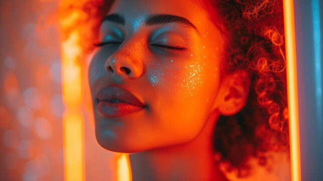 A glowing woman practicing facial yoga exercises, promoting muscle tone and relaxation for a youthful appearance.