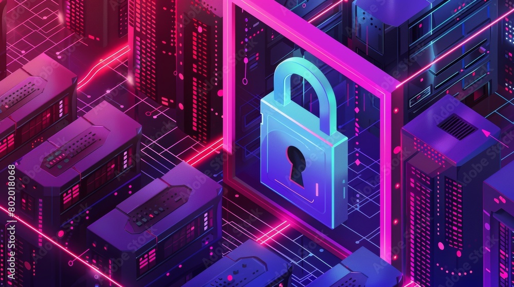 Poster using a shield padlock, a server room is protected from outer access, hardware is protected from dat