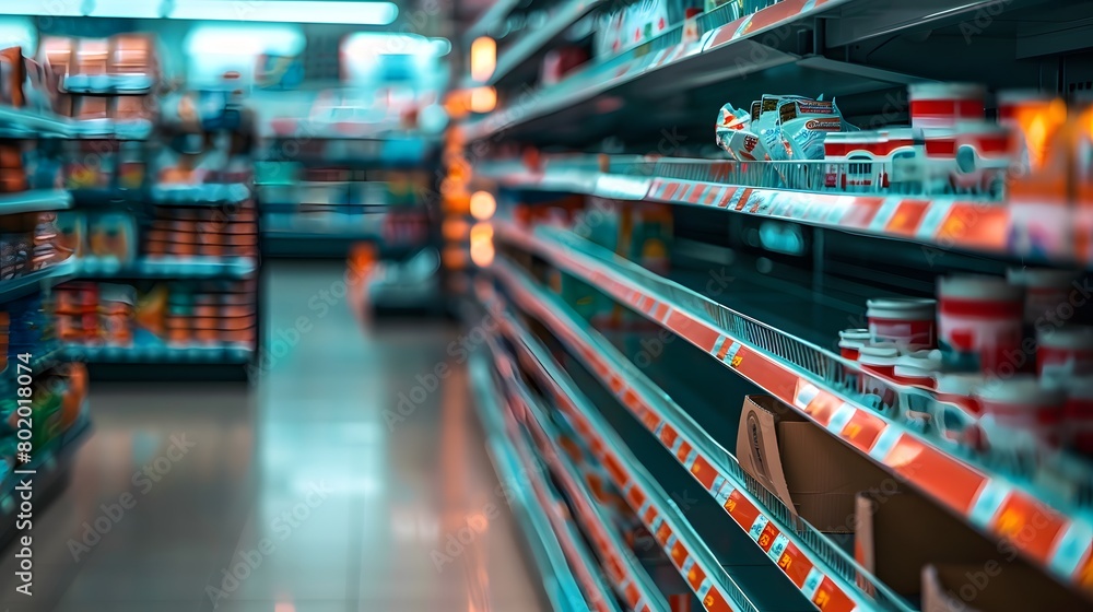 Aufkleber an empty shelf for product placement in the supermarket with blurred background