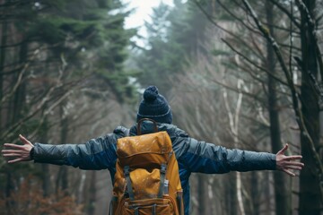 A Solo traveler backpacker opening his arms arriving at the forest,, embracing the nature, enjoying the travel, travelers life