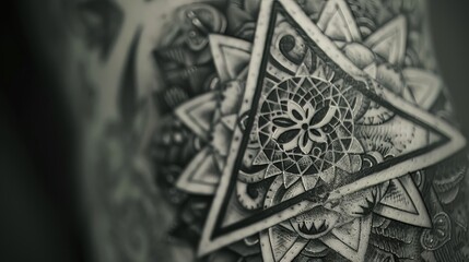 Artistic close-up of a geometric tattoo, blending complex shapes and meaningful patterns, perfectly framed against a simple background