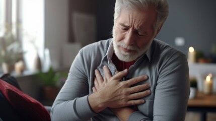 Grey haired man touching chest, having heart attack, feeling pain, suffering from heartache disease at home, mature woman supporting, embracing him, middle aged family, horizontal banner, close up - Powered by Adobe