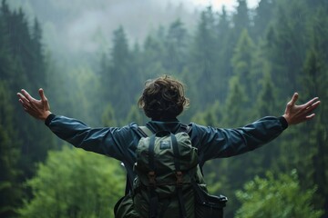 A Solo traveler backpacker opening his arms arriving at the forest embracing the nature, enjoying the travel, travelers life