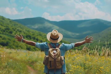 A Solo traveler backpacker opening his arms arriving at the large field, embracing the nature, enjoying the travel, travelers life