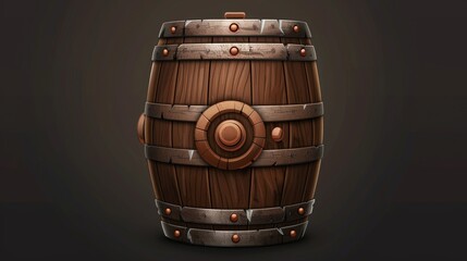 Oak barrel for wine or beer. Cask from oak wood with copper rings. Modern realistic keg for whiskey, rum, or cognac on transparent background.