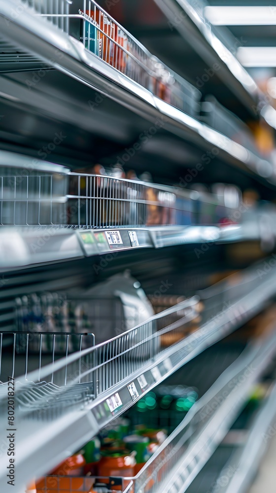Aufkleber an empty shelf for product placement in the supermarket with blurred background