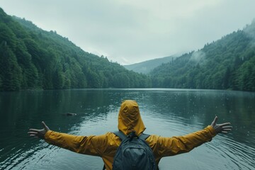 A Solo traveler backpacker opening his arms arriving at the lake in the forest, embracing the nature, enjoying the travel, travelers life