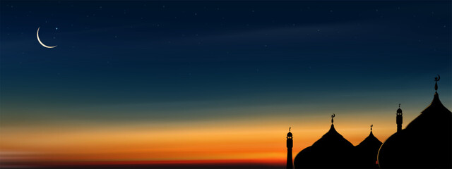 Sky Night,Ramadan Kareem Background with Crescent moon,Mosques dome,Star with twilight dusk Sky,Greeting festive for symbolic of Muslim culture ,Eid Mubarak,Eid al adha,Eid al fitr,Islamic new year