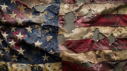 An intimate close-up of a weathered American flag, its stripes and stars shining with tales of past and present adventures across America, isolated setting