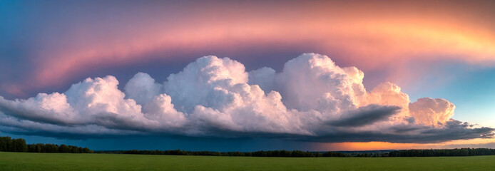 Panoramic view of a thundercloud over a green field at sunset