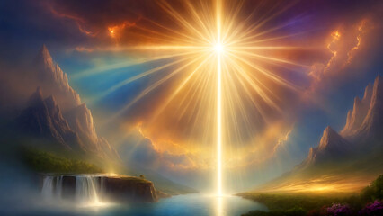 Fantastic landscape with rays of light in the sky