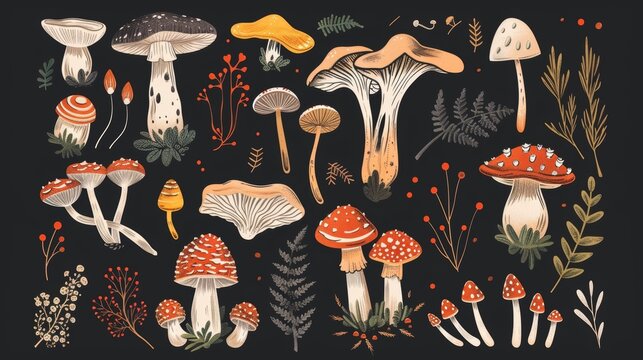 A design featuring different types of mushrooms and the message Fungi Are the Unsung Heroes of the Forest..