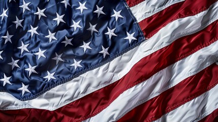 An artistic close-up of an American flag, draped elegantly, with soft focus on the stars and stripes, embodying the spirit of American unity and adventure, clear background