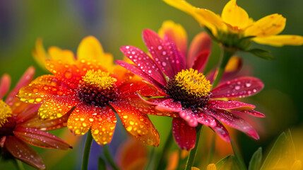 close-up of vibrant summer flowers in full bloom, with a blurred green background and droplets of morning dew visible 