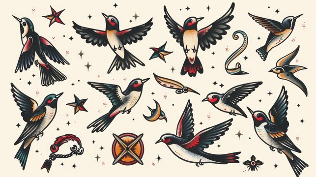 An array of old-school tattoos with swallows and maritime elements, boldly outlined and brightly colored, showcased on an isolated plain background
