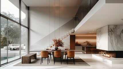 Obraz premium Interior design, dining room, high ceiling, fireplace, contemporary style, minimalist. Generative AI.