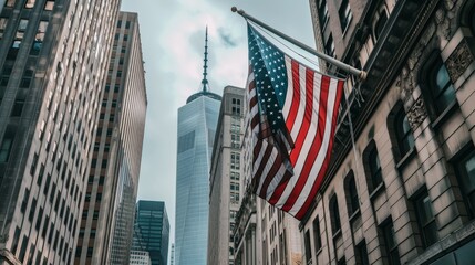 An American flag displayed on a city building along a busy urban route, highlighting the diverse settings of American patriotism, clean isolated background