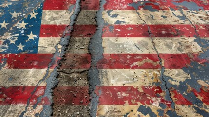 An aged American flag on a cross-country road trip backdrop, emphasizing its enduring spirit and patriotic symbolism, isolated