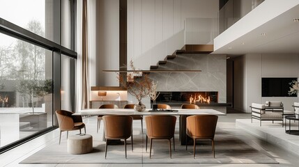 Obraz premium Interior design, dining room, high ceiling, fireplace, contemporary style, minimalist. Generative AI.