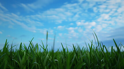 Fototapeta premium Early morning blue sky, green grass, realistic, panoramic lens, distant view