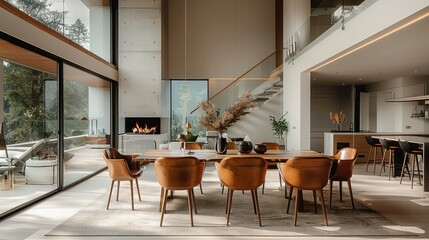 Obraz premium Elegant interior of a dining room with high ceiling, brown chairs, fireplace. Generative AI.