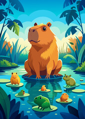 A capybara sits with toads in a swamp