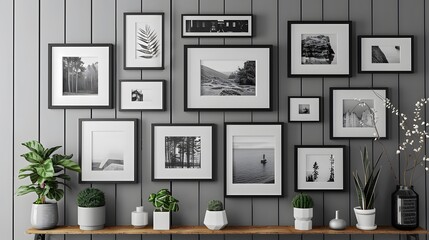 a gallery of black frames hanging on a gray wall, offering a sophisticated backdrop for displaying artwork.