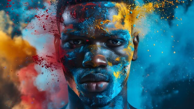 Colorful Paint Explosion Captures Abstract Silhouette of Male Athlete. Concept Abstract Silhouette, Color Explosion, Athletic Pose, Male Model, Creative Photography