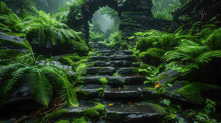 An outdoor fern and bonsai garden with dark stone pathways large ruin stone walkways covered in moss, ruins, black concrete, moss, ferns. Generative AI.