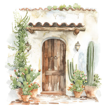 Old wooden door surrounded by plants