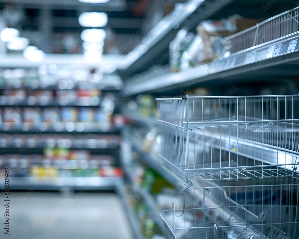 Aufkleber an empty shelf for product placement in the supermarket with blurred background