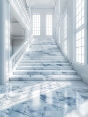 Luxury white marble stairway in modern building interior. - obrazy, fototapety, plakaty