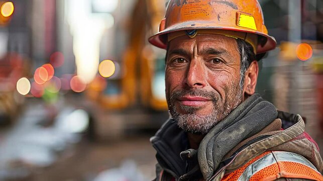 Worker's portrait in the city.A construction worker or foreman at a construction site.A Seasoned Construction Worker&rsquo;s Portrait Amidst Urban Development.