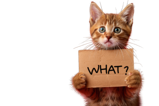 Adorable Orange Kitten Holding "What?" Sign on Transparent Background