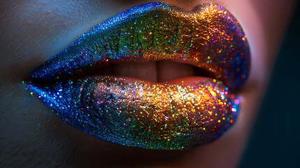Pride Glitter Lips Close-Up, Focus on the captivating allure of pride-themed glitter lips in a close-up image.