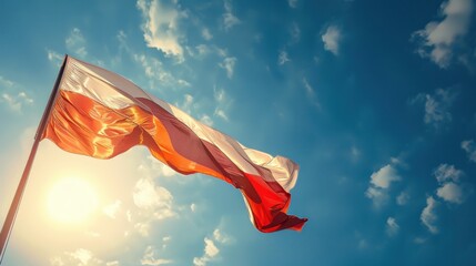 Polish flag waving in wind and sunlight. Flag of Poland on blue sky background.