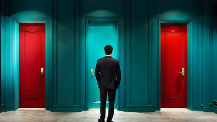 Businessman standing in contemplation before a set of vibrant doors each representing unique opportunities