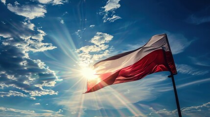 Polish flag waving in wind and sunlight. Flag of Poland on blue sky background.