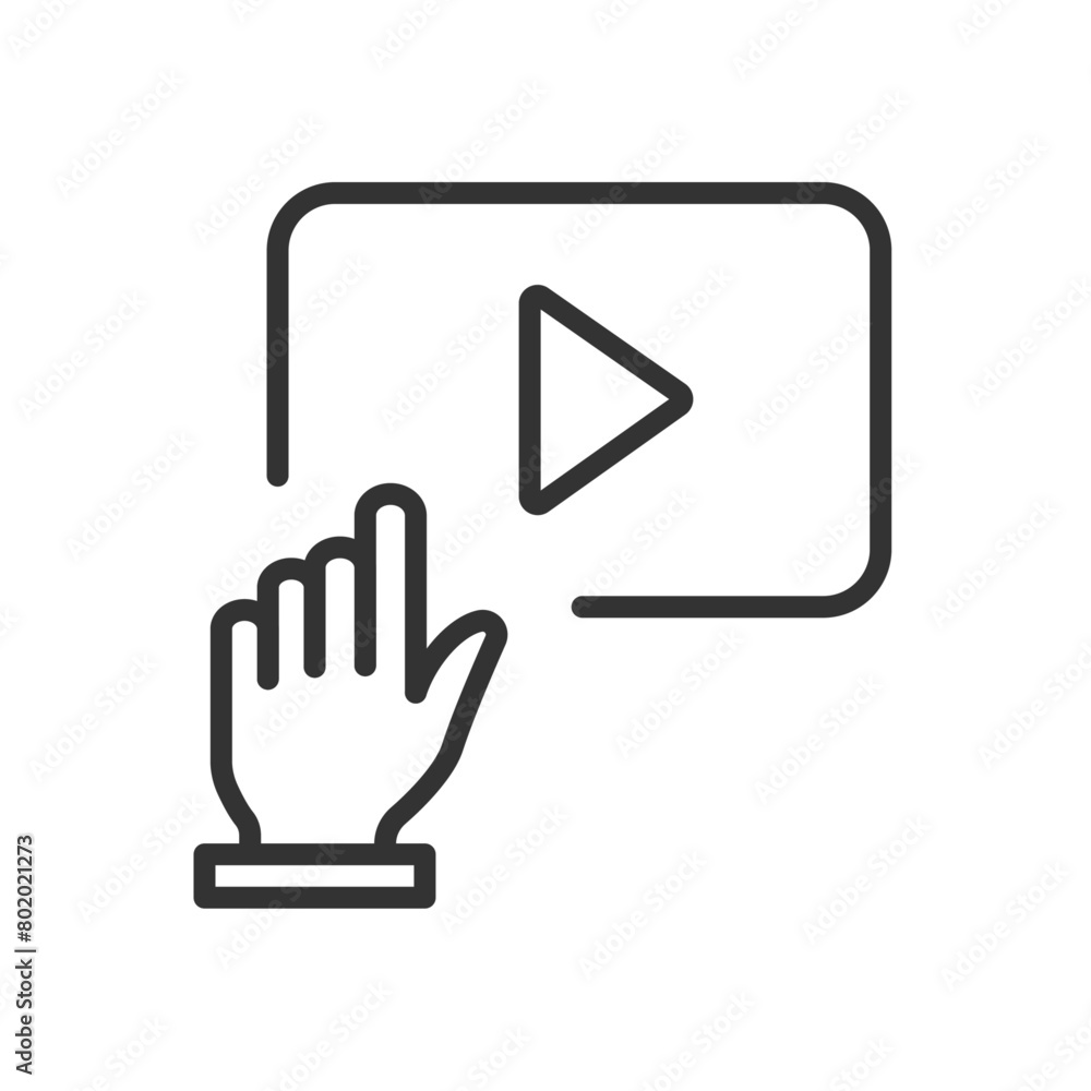 Poster push play button with finger icon. video or audio player symbol. easy editable stroke for design.