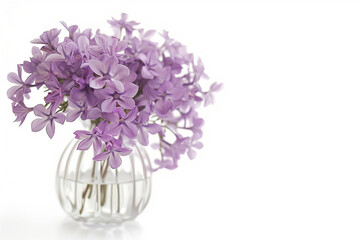 establishing shot of the subtle grace of a bunch of violet jasmine flowers in a glass vase against a white background isolated, elegance and sophistication,