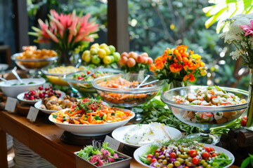 A table is covered with a variety of food, including salads, fruits