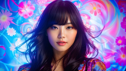 Fototapeta premium Portrait of an Asian girl whose beauty resembles a 70's psychedelic dreamscape. High-key lighting is juxtaposed with surreal elements to highlight her charm.
