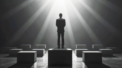 Fototapeta premium A man stands on a platform in front of a group of boxes
