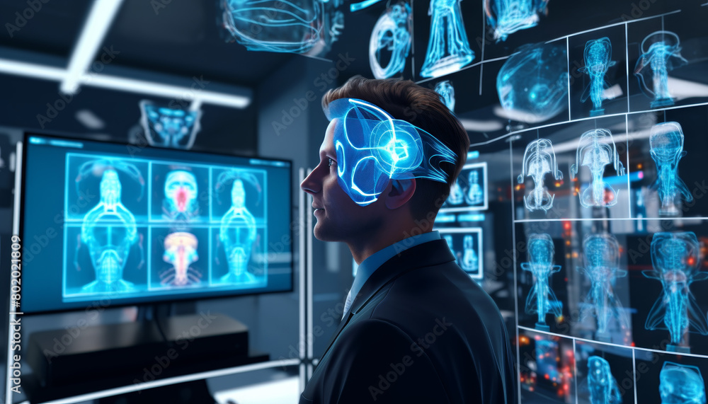 Poster a man wearing a virtual reality headset is looking at a computer monitor display